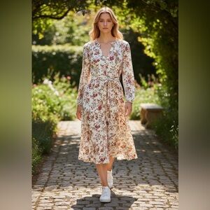 LOFT Floral Long Sleeve Dress - Cream and Pink